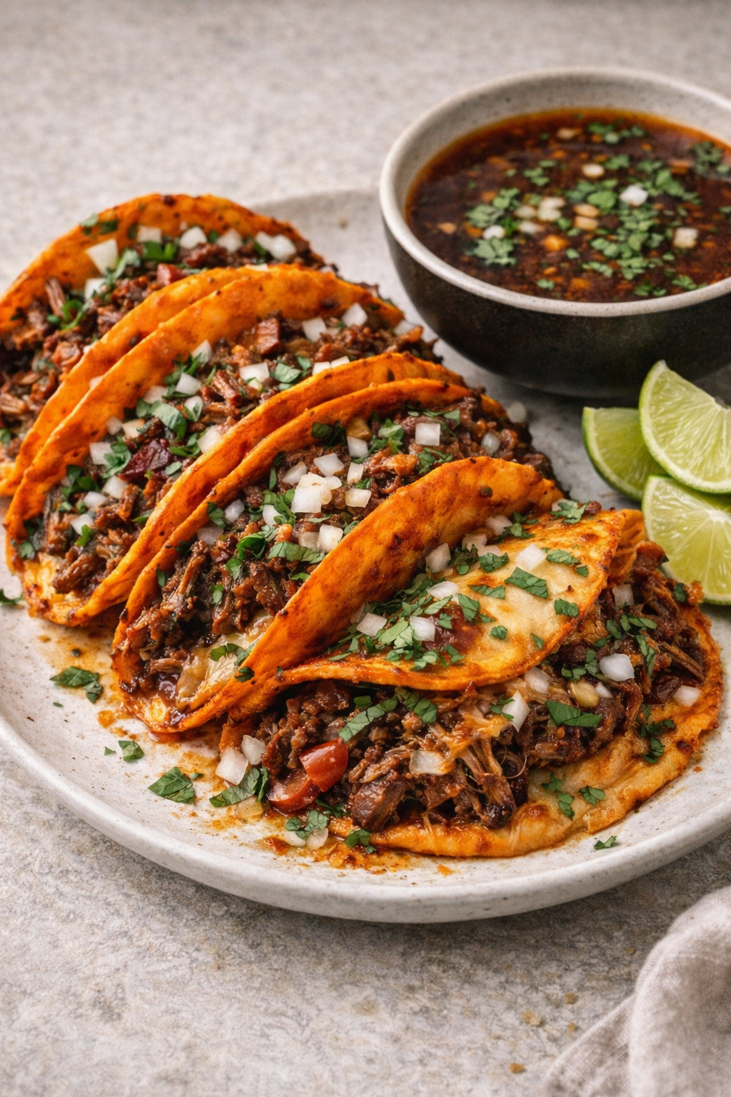 Birria tacos with consomme and lime