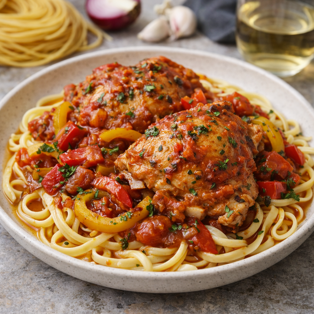 Chicken cacciatore served over homemade linguine