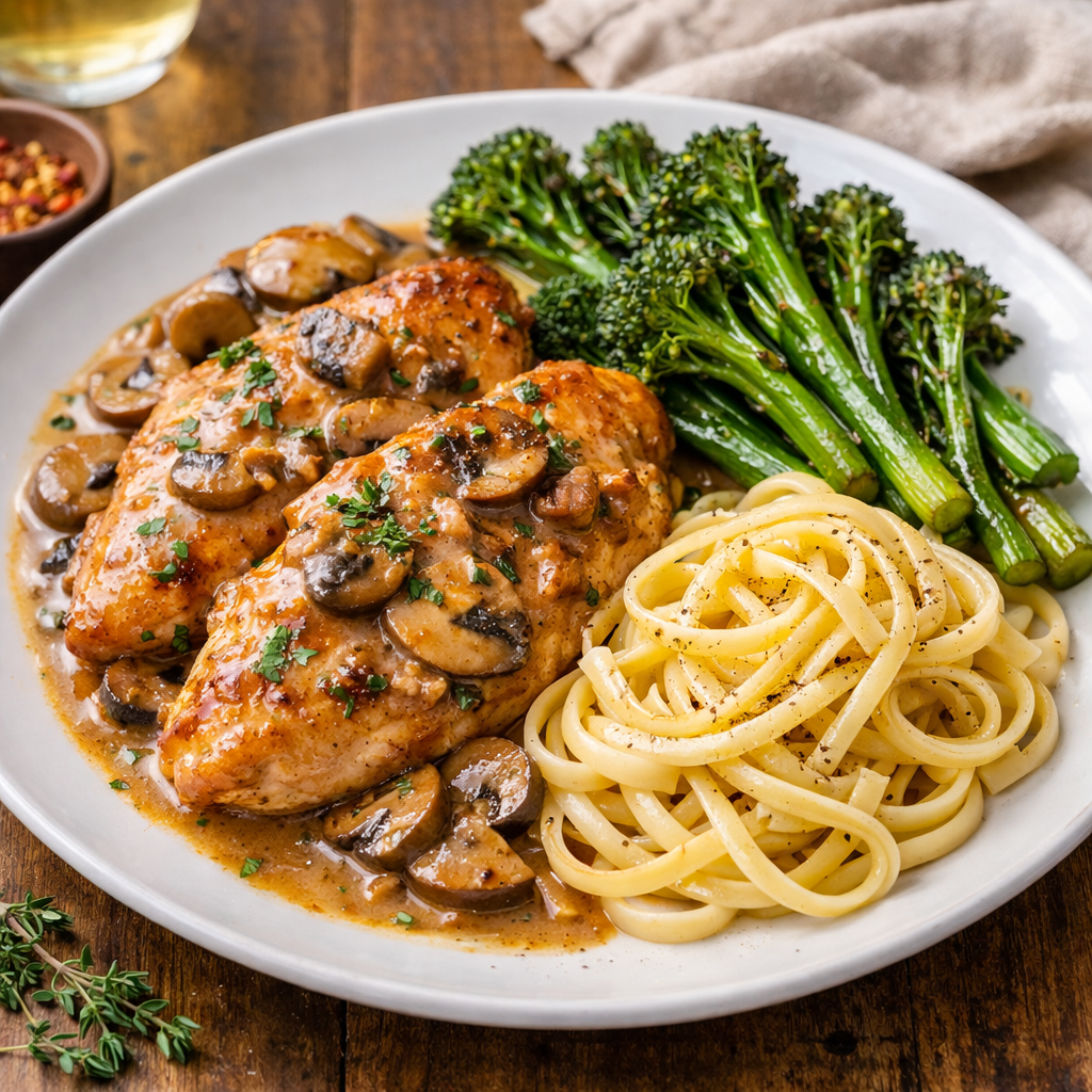 Chicken marsala with linguini and broccolini.