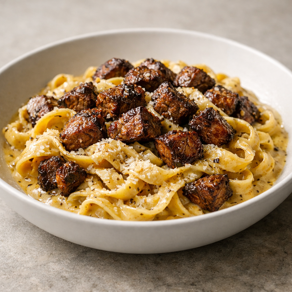 Cowboy steak bite pasta in a pan.