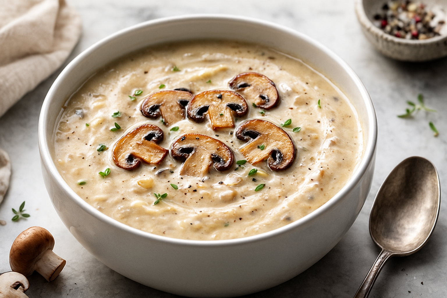 Cream of mushroom soup in a bowl, topped with sautéed mushrooms and herbs