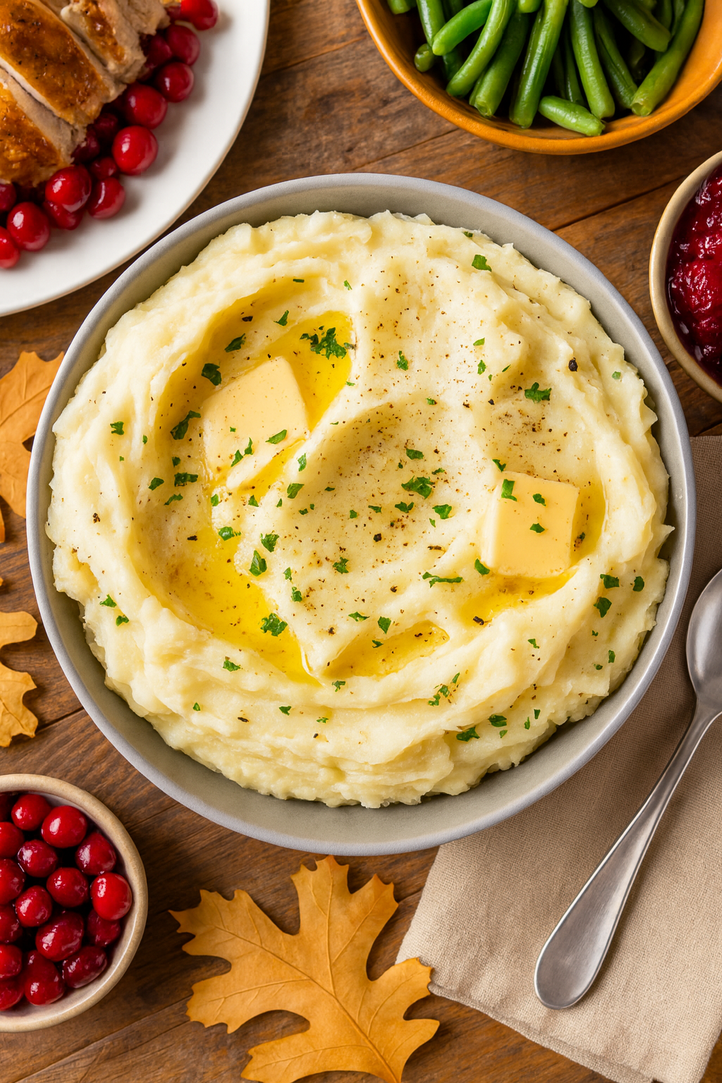 Bowl of ultra-creamy mashed potatoes with a glossy butter swirl