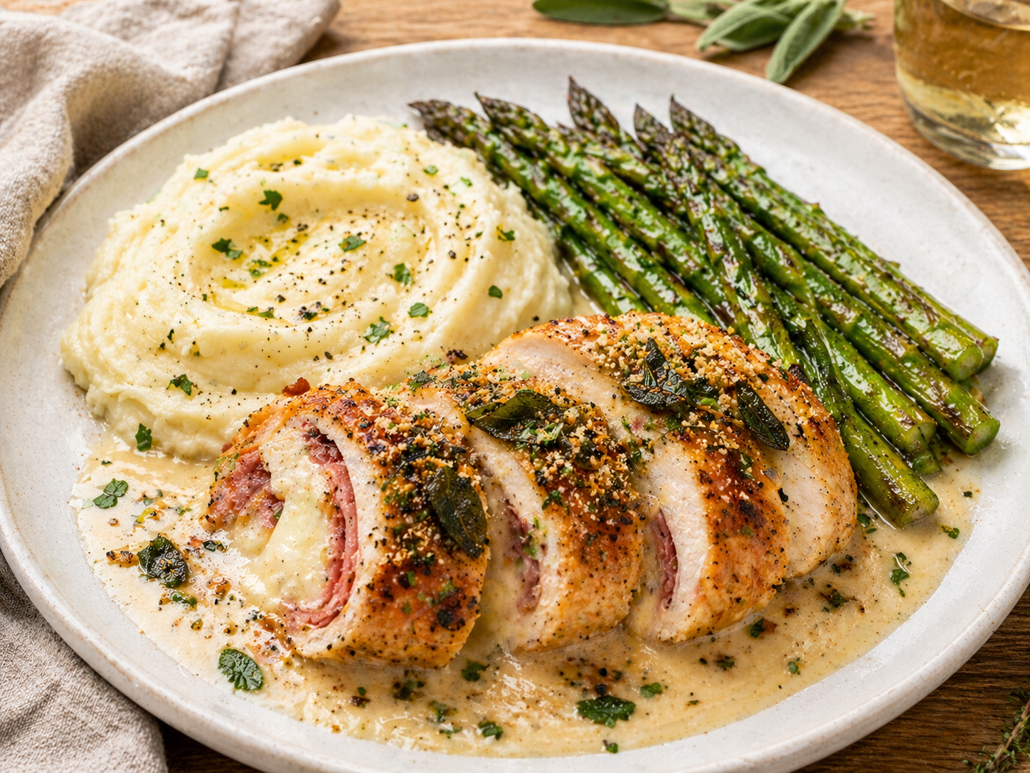 Herb-Dijon cordon bleu roulade with Gruyere-sherry cream