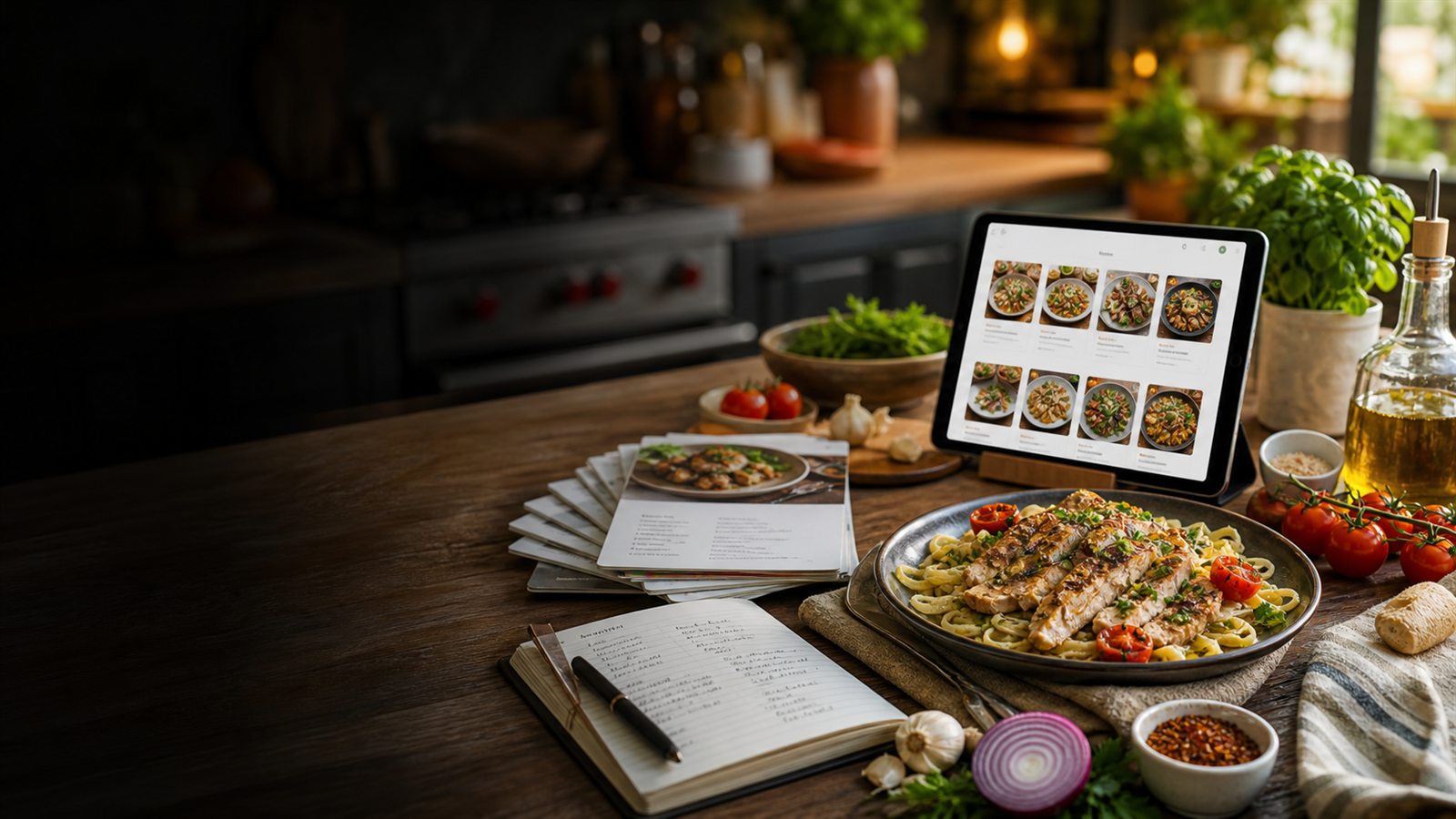 A BiteTalk recipe library, finished dinner, and recipe notes in Scott's kitchen.