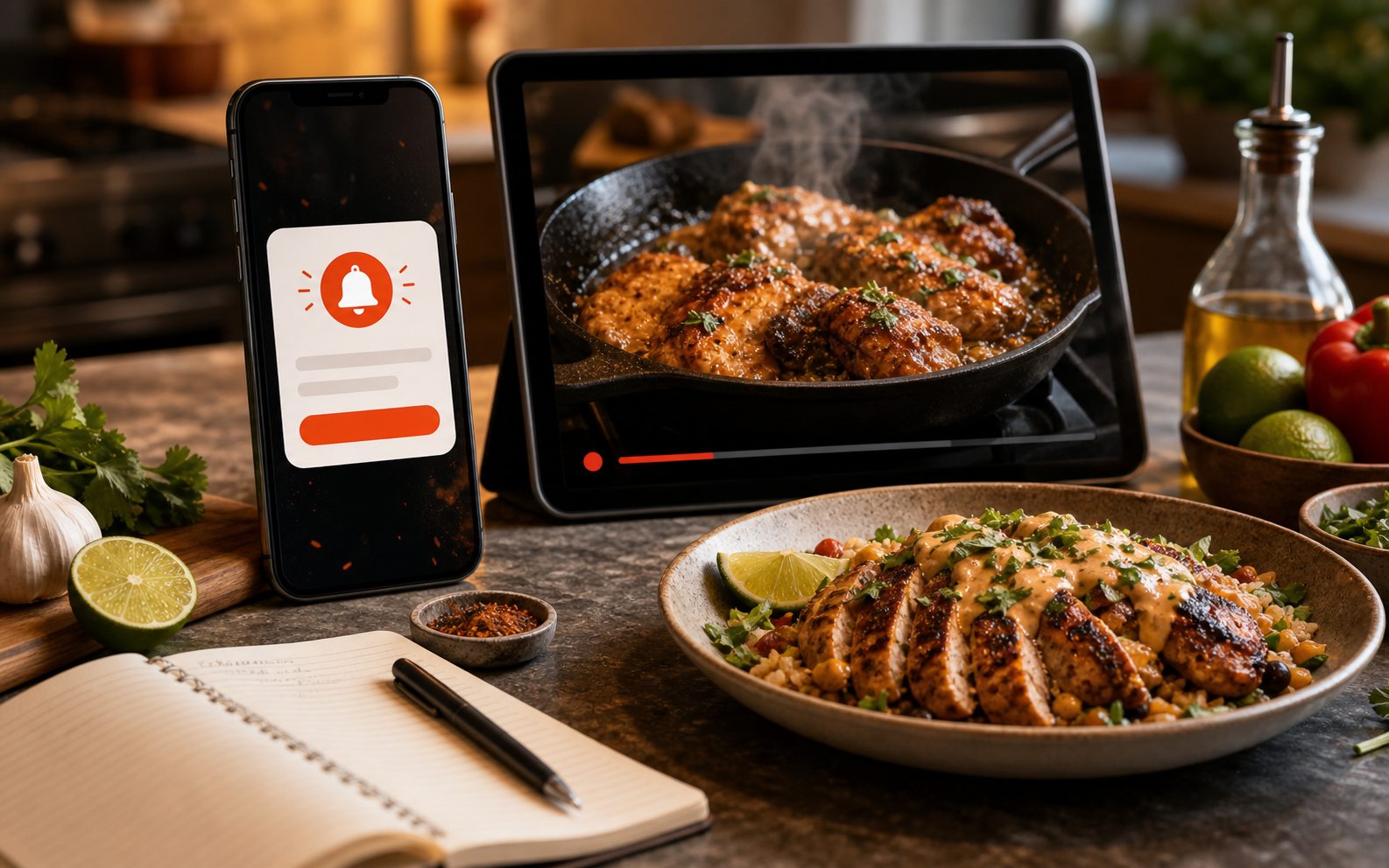 A phone alert beside a BiteTalk live cooking preview and finished dinner.