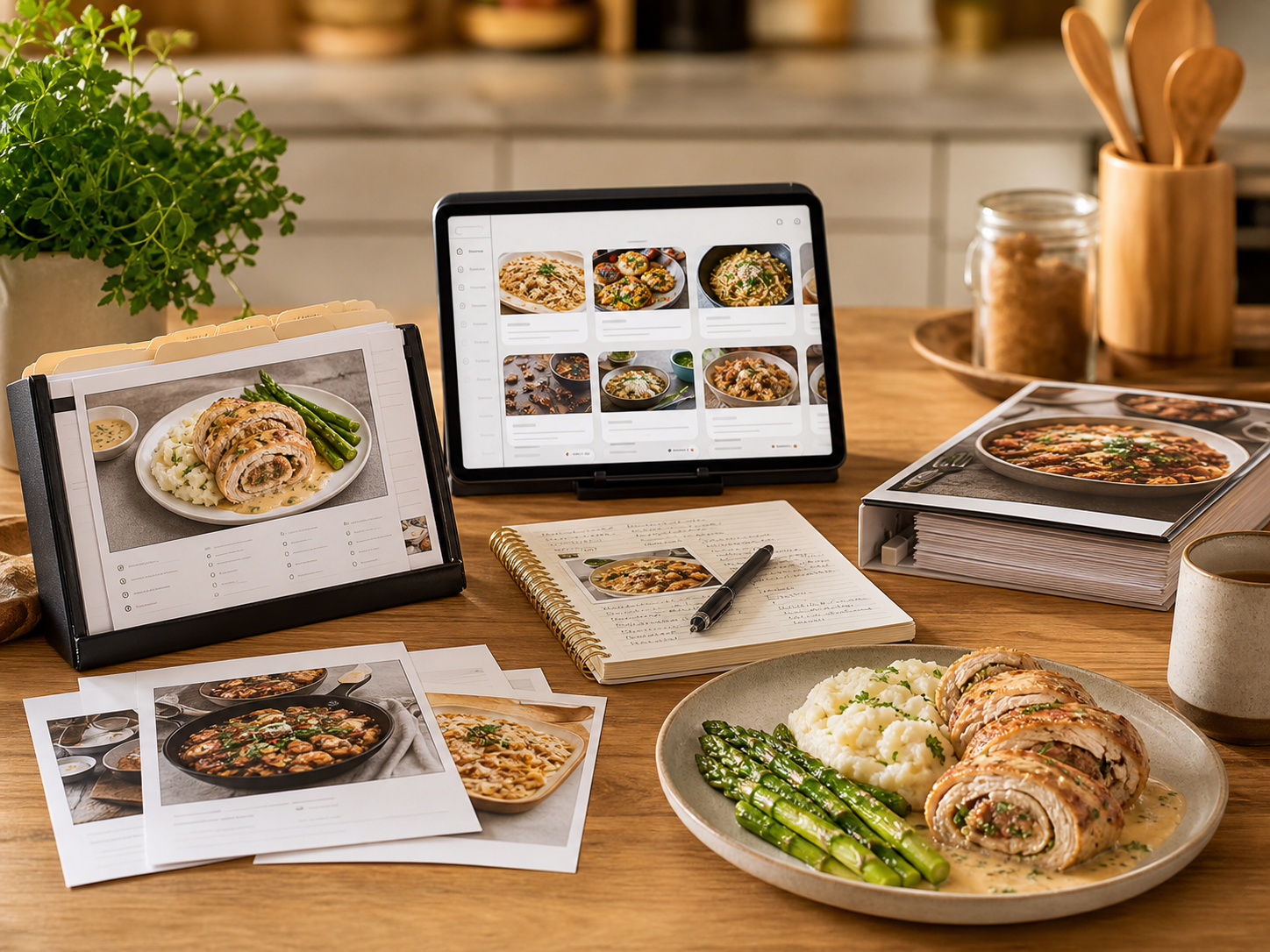 A BiteTalk members preview with printed recipe cards, a tablet recipe vault, notes, and a plated dinner.
