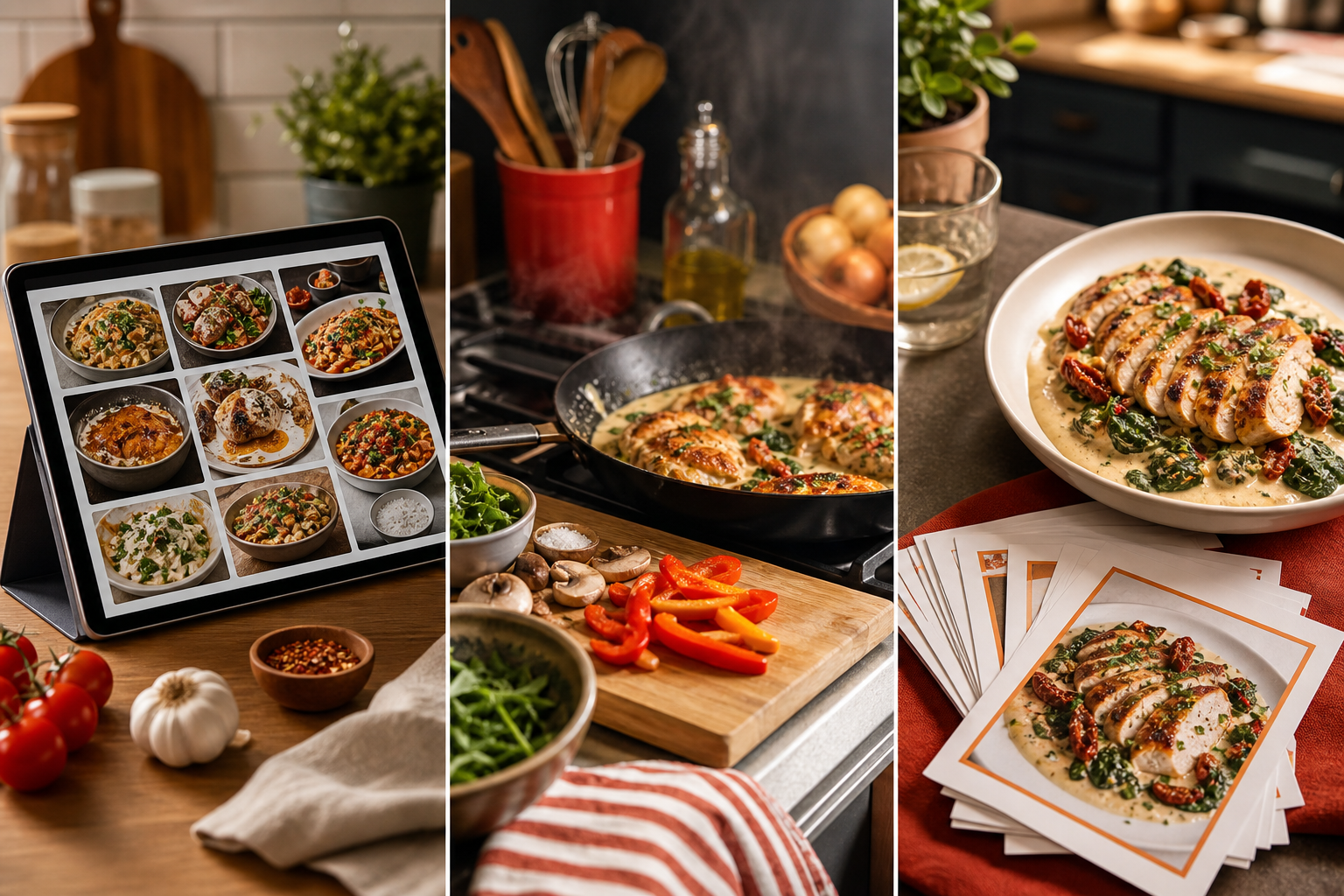 A BiteTalk workflow showing a recipe library, cooking prep, printed recipe cards, and a finished dinner.