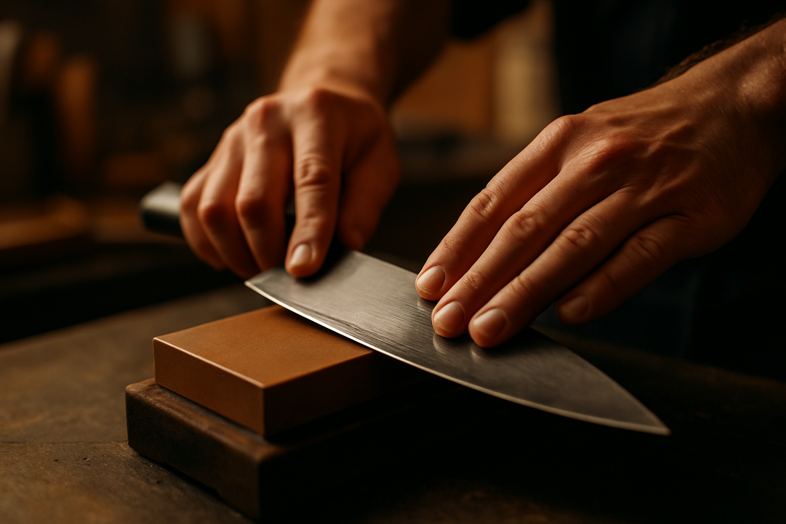 Chef’s knife being sharpened on a stone