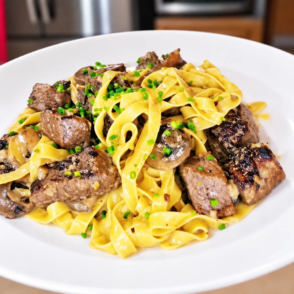 Scott’s cowboy steak bite pasta; enhanced video still