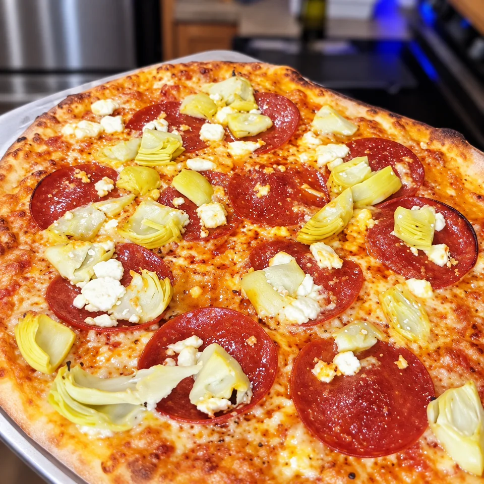 Scott’s pepperoni, artichoke and feta pizza; enhanced video still
