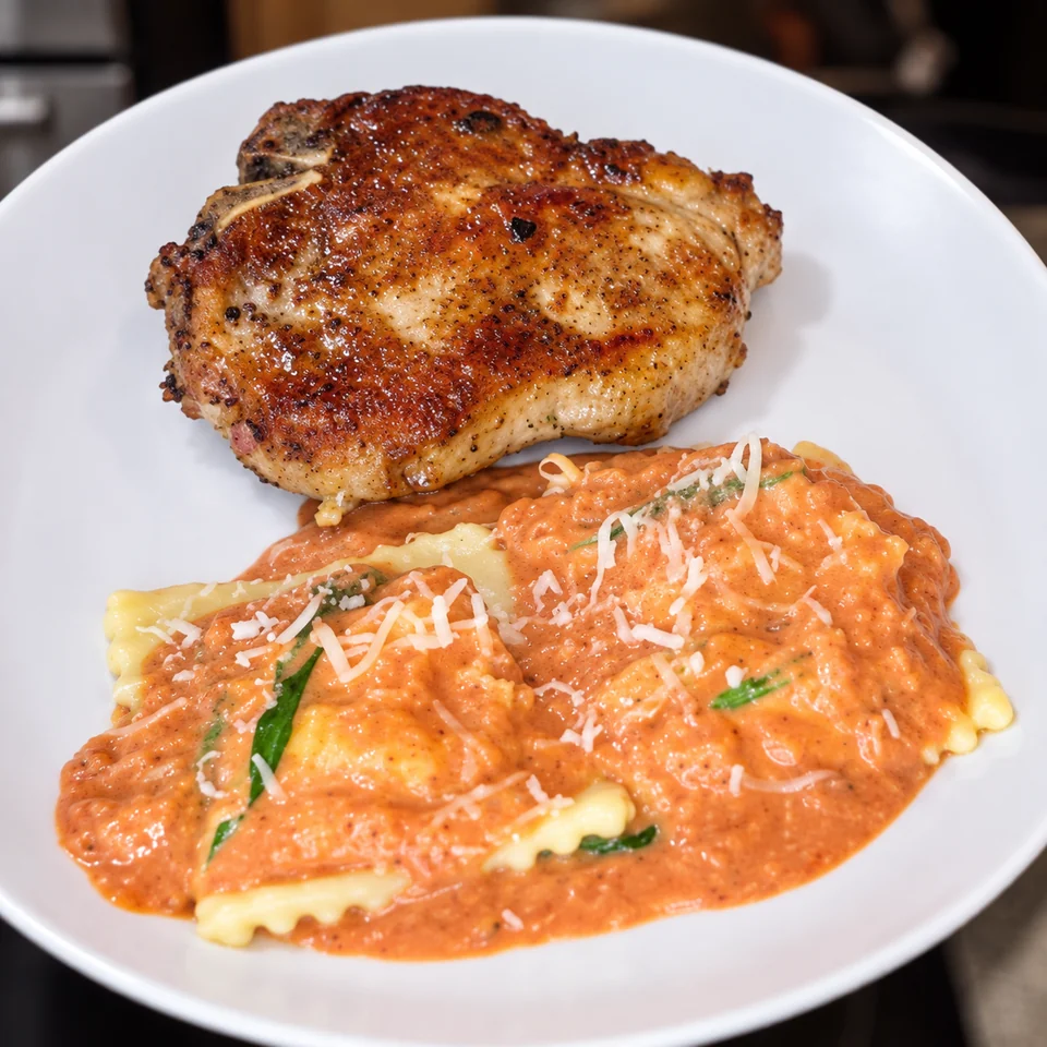Scott’s pork chop and ravioli dinner; enhanced video still