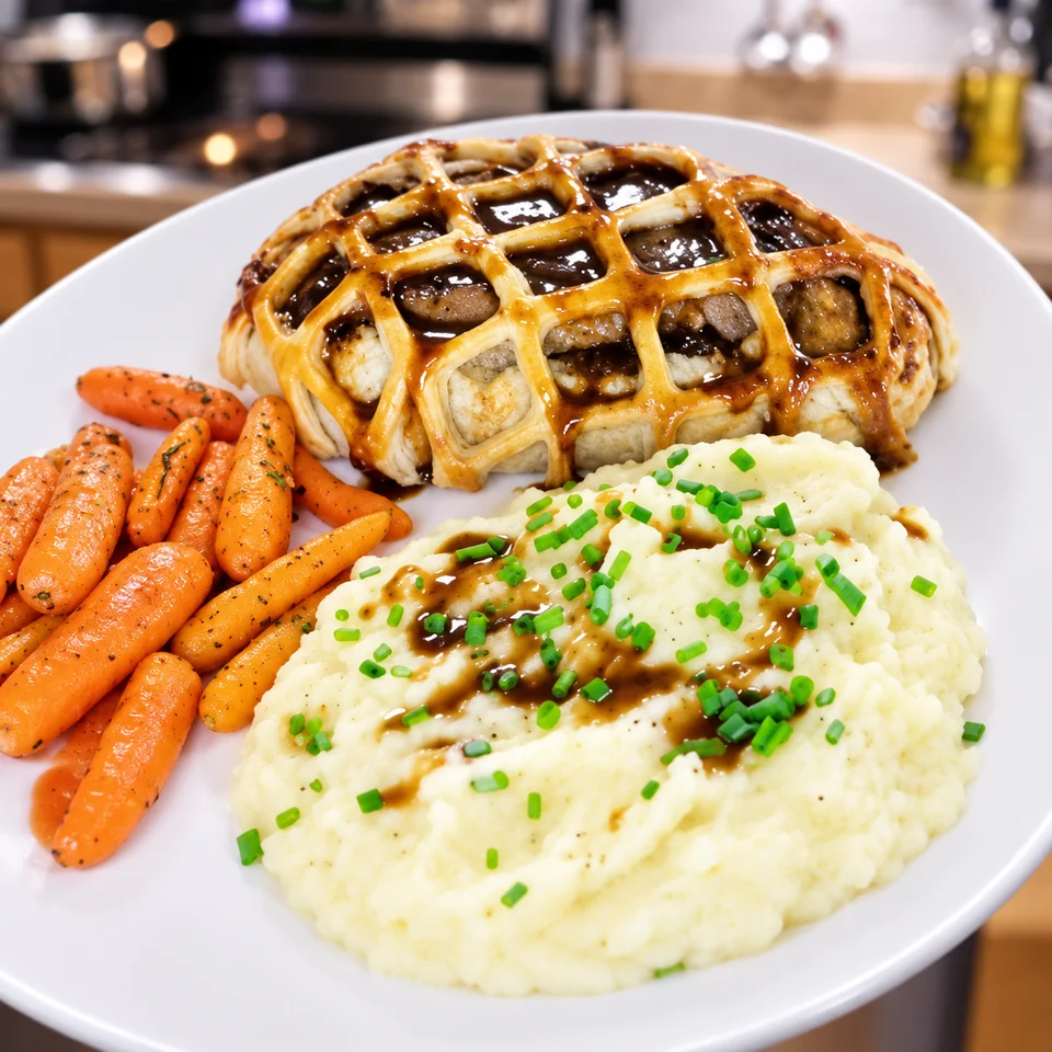 Scott’s Wellington dinner with potatoes and carrots; enhanced video still