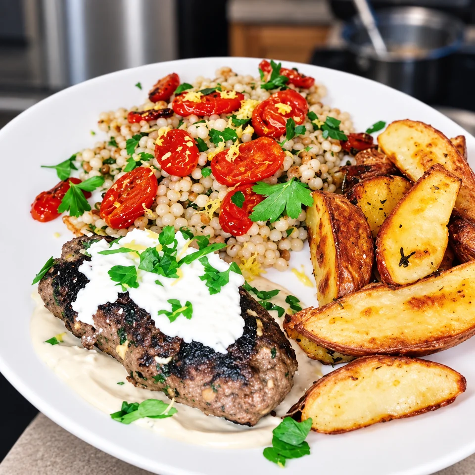 Scott’s kofta with cucumber and tomato salad; enhanced video still
