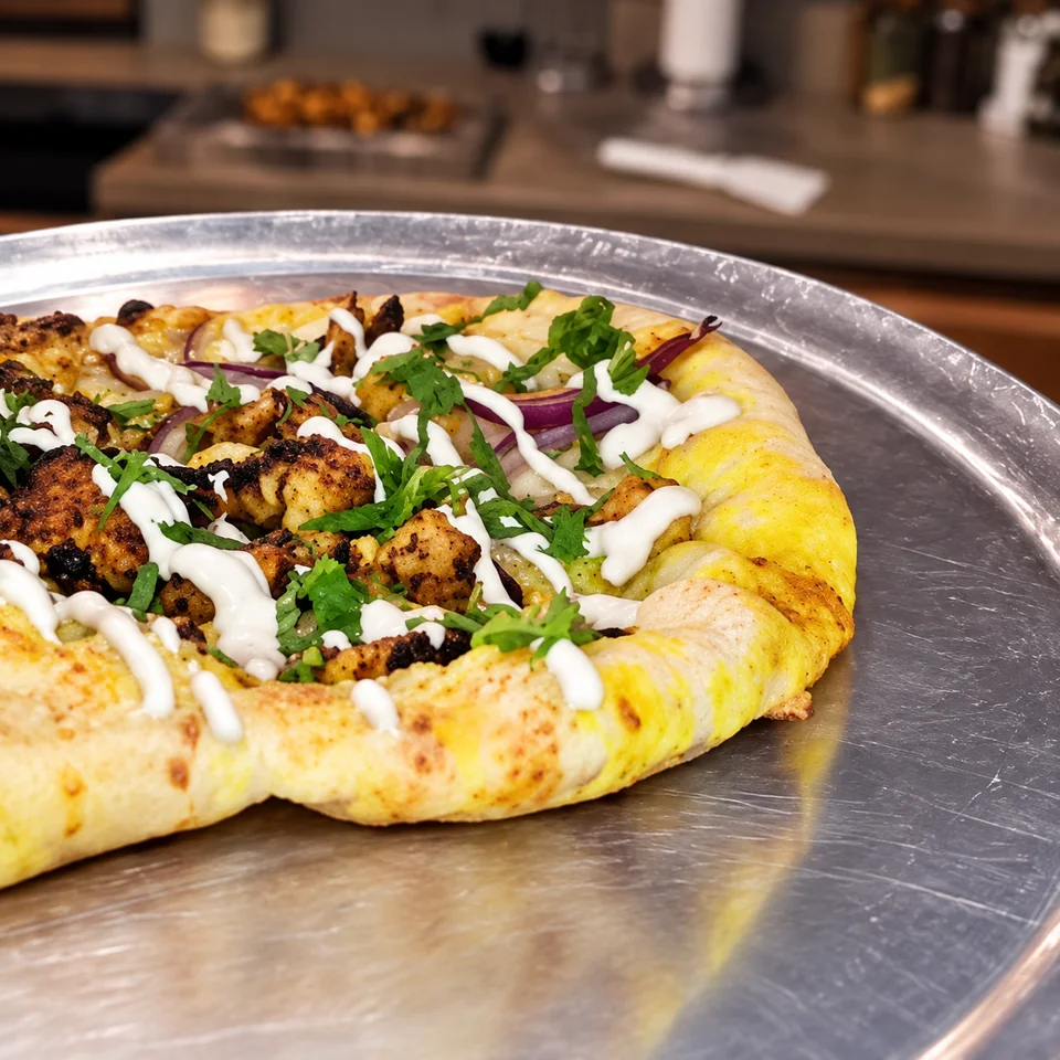 Scott’s Chicken Shawarma Pizza on a metal pan; AI-enhanced still from the original live cook