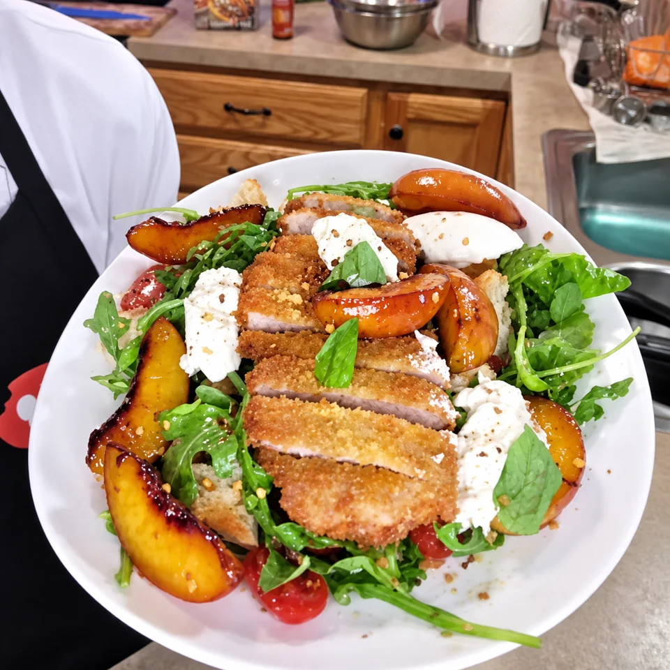 Pork Milanese & hot-honey peaches; enhanced video still