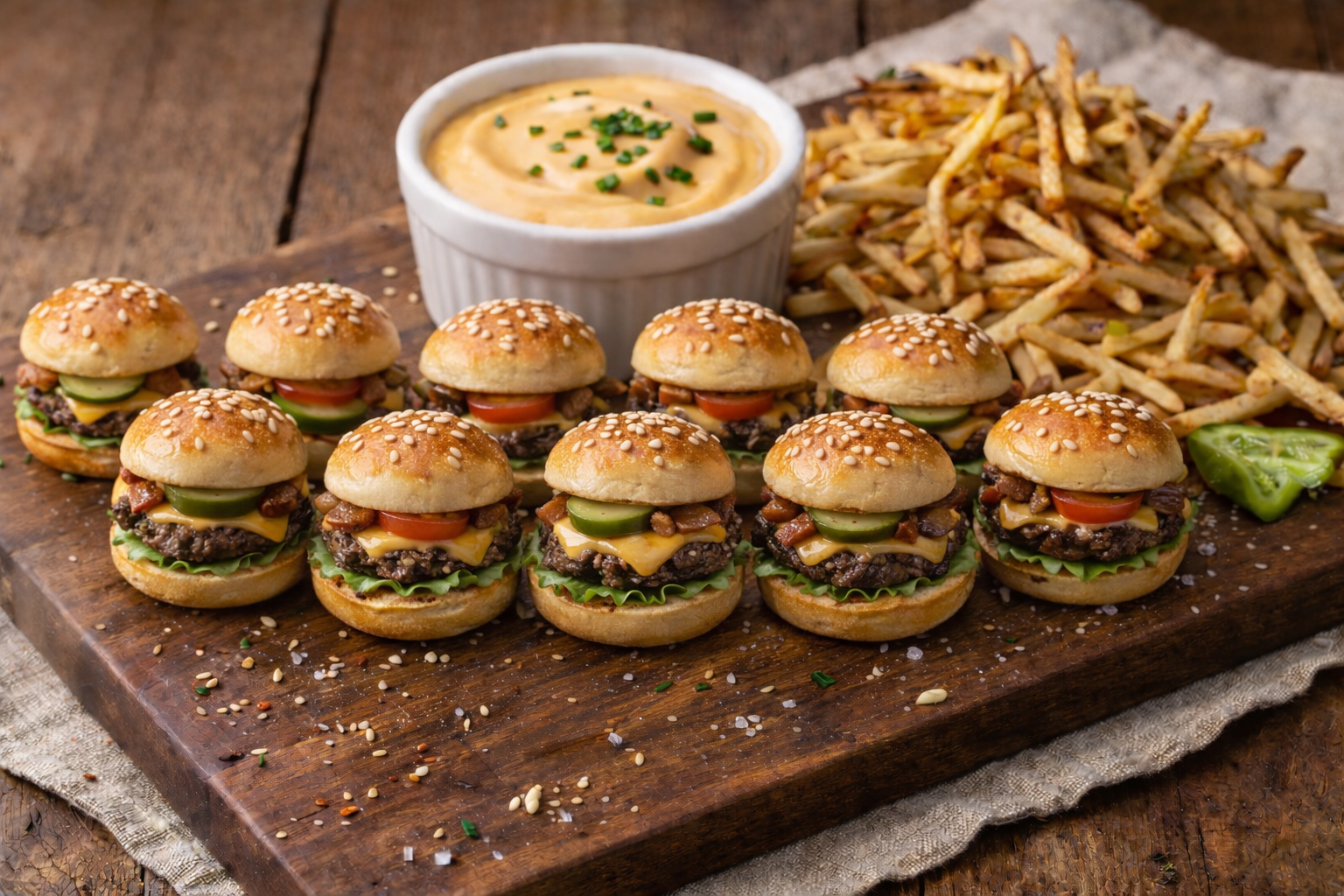 One-bite micro smash burgers with silky cheese dip and micro fries