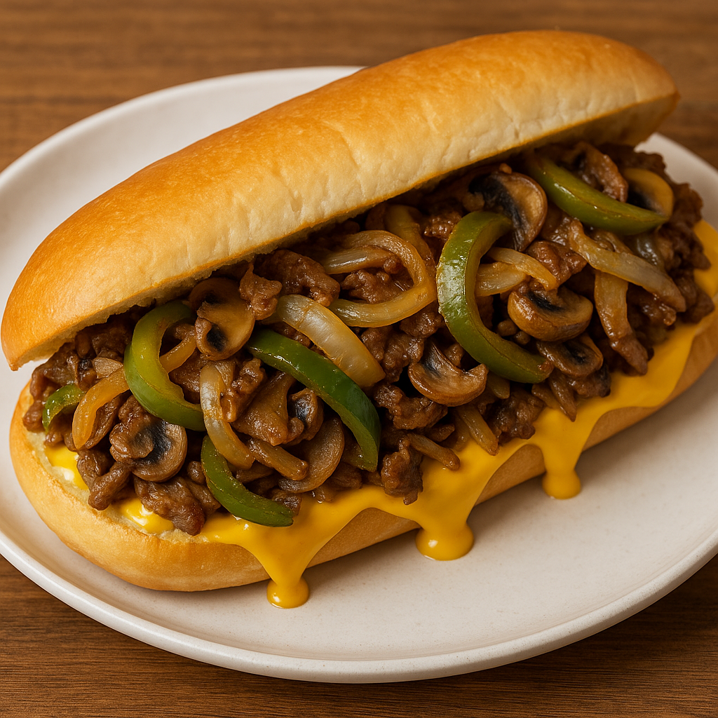 Philly cheesesteak with onions, peppers, mushrooms, and Cheez Whiz