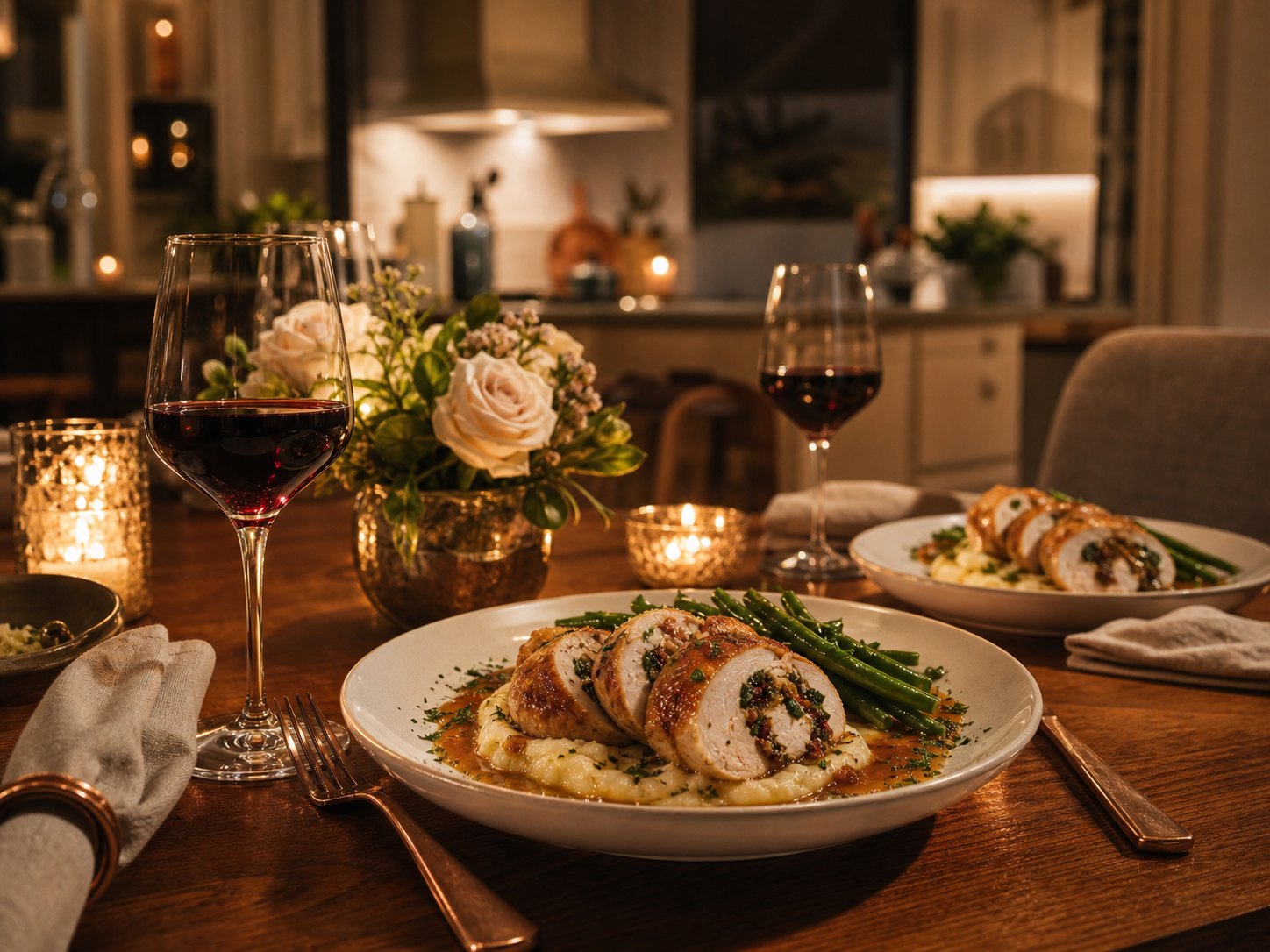 Candlelit date night dinner with plated private chef entrees