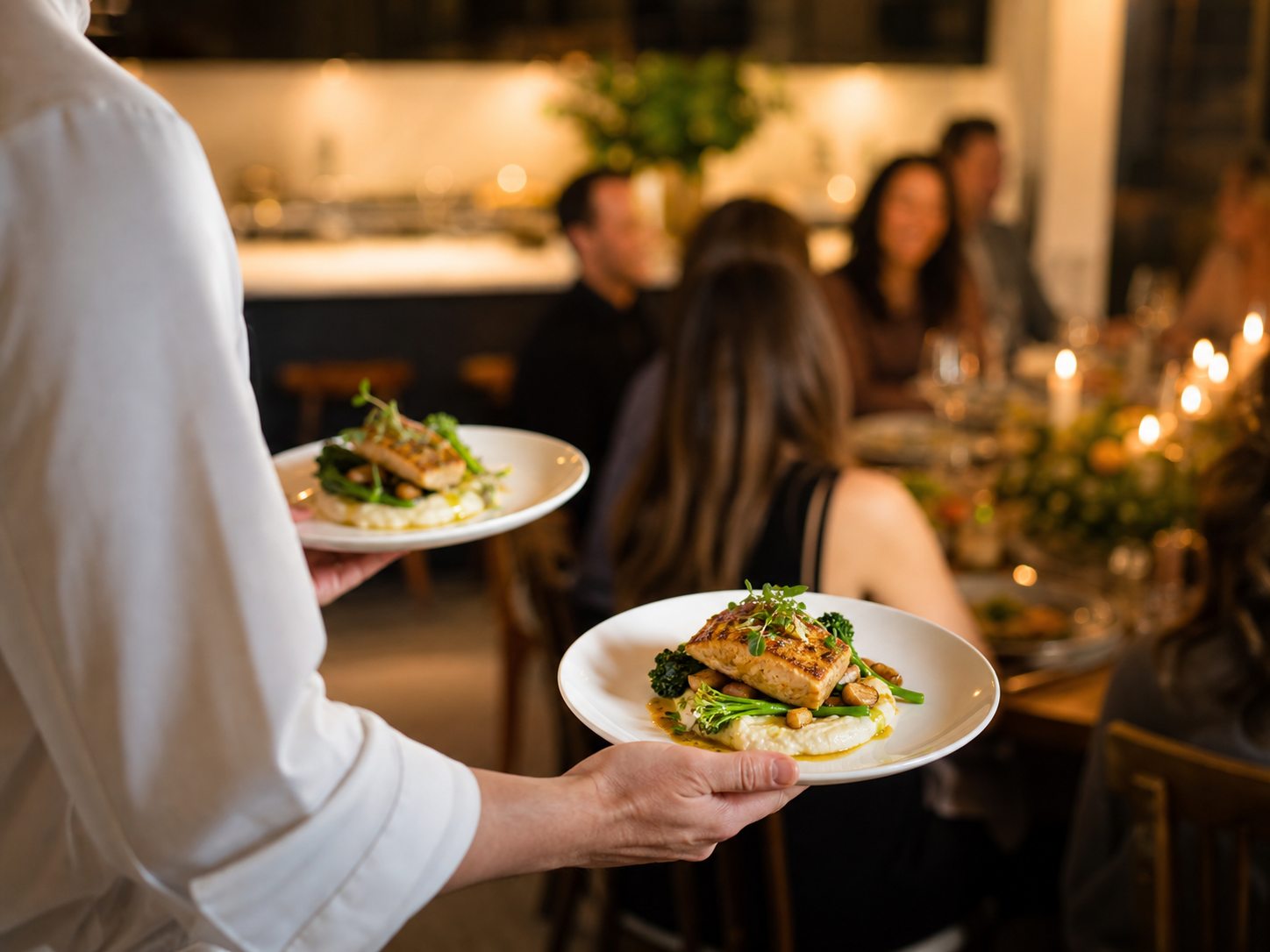 A private chef dinner party with plated food being served to guests.