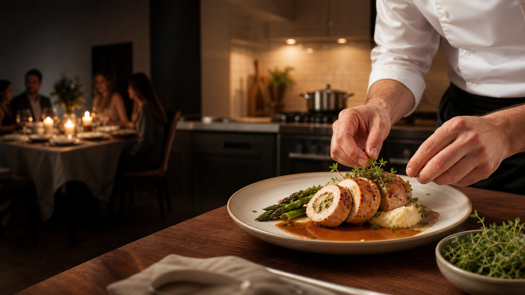 Private chef plating a dinner in a warm home kitchen