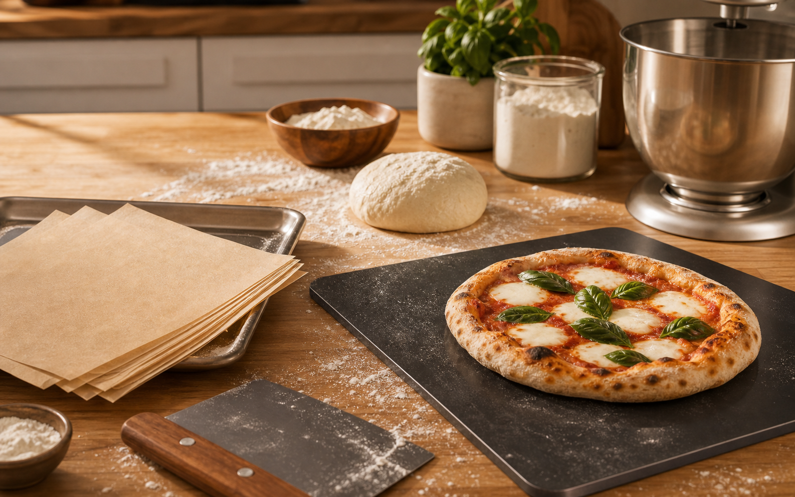Pizza steel, parchment, dough, mixer bowl, and finished pizza