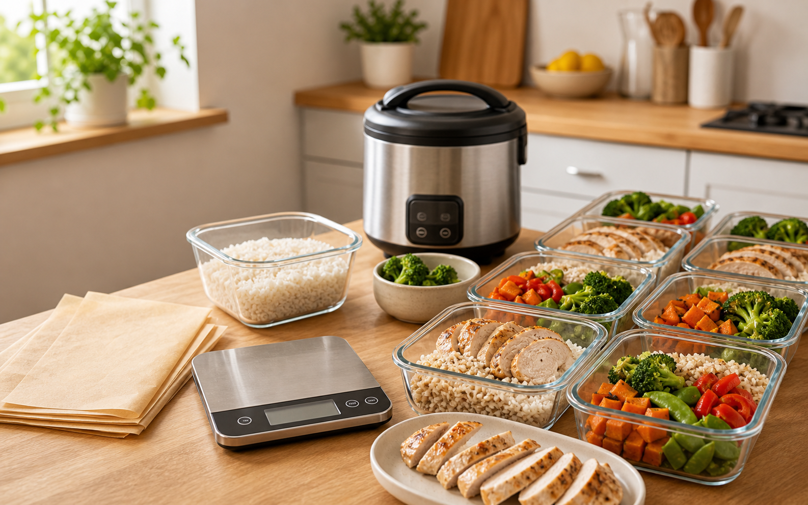 Organized meal prep containers, rice cooker, kitchen scale, and cooked chicken