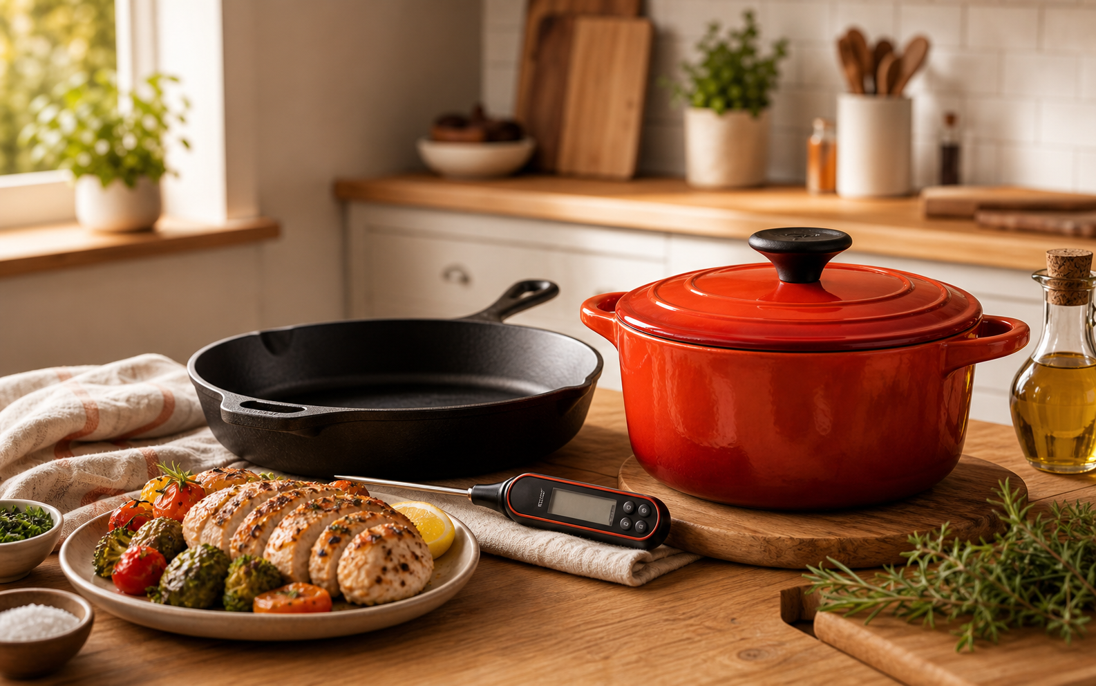 Dutch oven, cast iron skillet, thermometer, and finished weeknight dinner