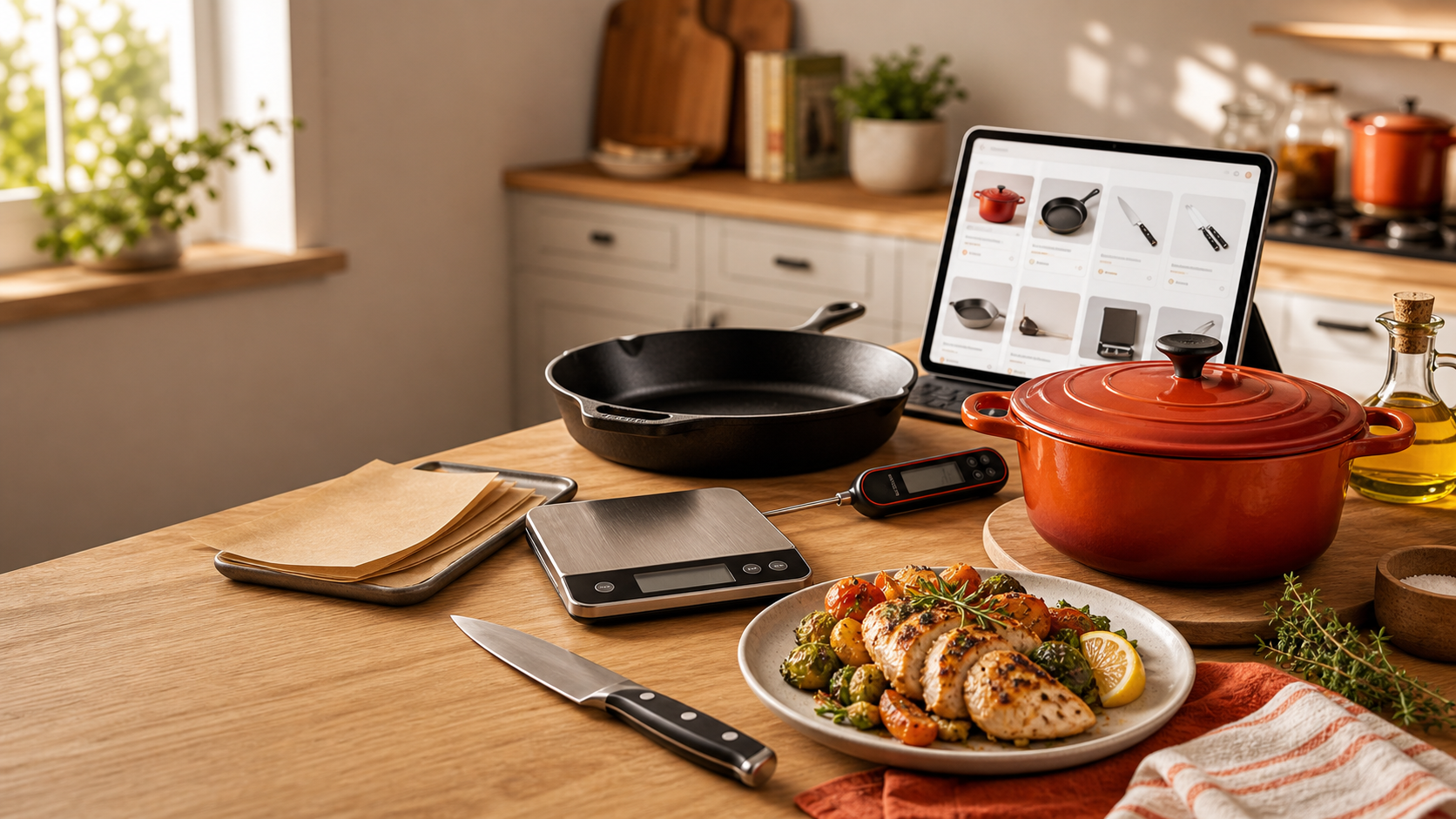 Curated BiteTalk kitchen gear with cookware, thermometer, scale, knife, and finished dinner
