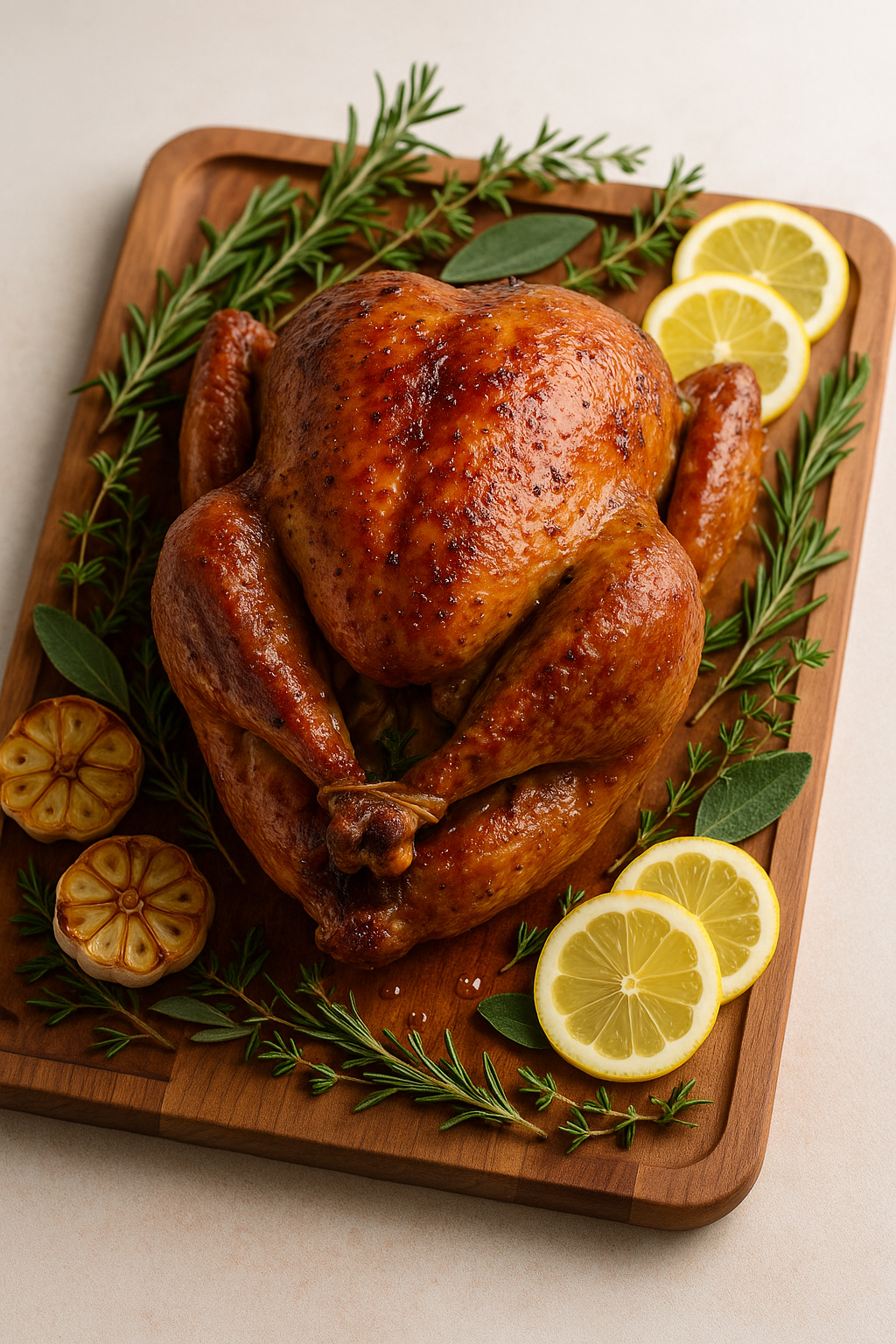 Golden brown Thanksgiving turkey on a platter with herbs and citrus